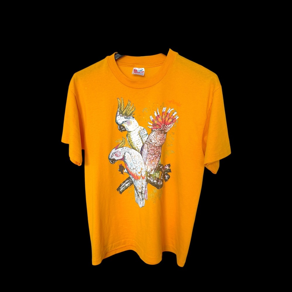 Hanes 50/50 Cockatoo Mackaw Bird T-Shirt Single Stitch Yellow Orange Mens Large